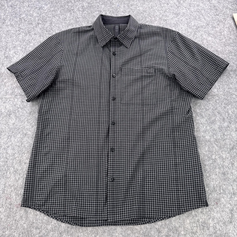 Lululemon Shirt Mens Large Black Gray Grid Check Button Up Short Sleeve Casual
